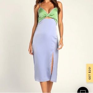 Lulu’s Perfect Pairing Light Blue Colorblock Satin Cutout Midi Dress NWT